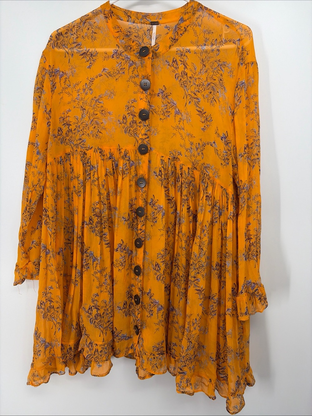 Free People Semi Sheer Viscose Yellow Floral Button Brown Mini Dress Sz XS